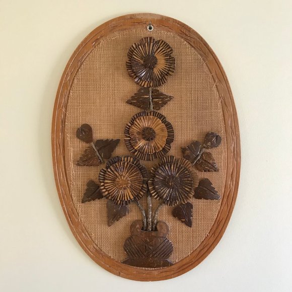 Coconut Shell 3D Flower Wooden Wall Hanging Vintage Neutral Boho Decor 9.5x13.5" - Picture 1 of 7